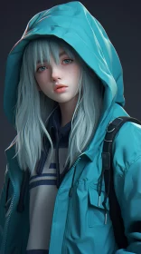 Realistic Anime Girl in Blue Jacket AI Image
