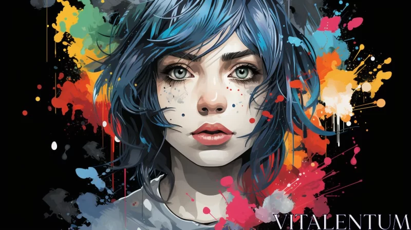 Abstract Digital Art Portrait: Girl with Blue Hair AI Image