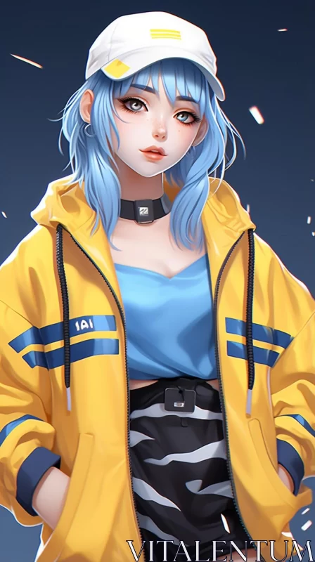 AI ART Anime Girl in Yellow Jacket with Blue Hair in an Urban Poolcore Setting