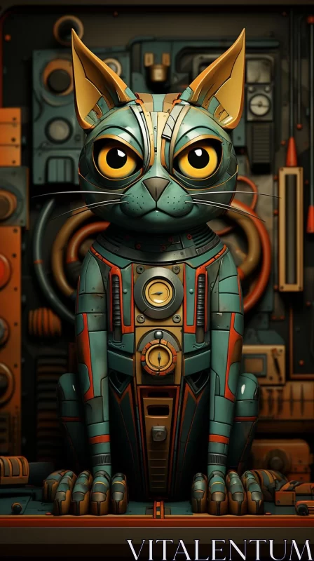 Futuristic Cat in the Dieselpunk Style with Shiny Eyes AI Image