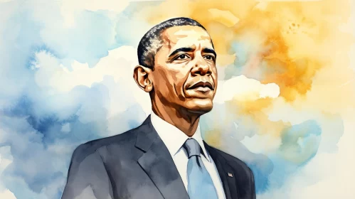 Historical Illustration Style Watercolor Painting of President Obama