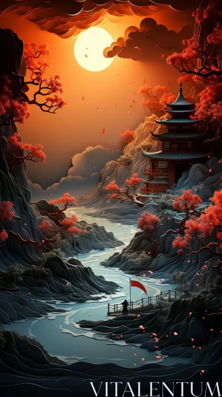 Japanese Fantasy Landscape: Digital Art of Temple and Autumn Scenery AI Image