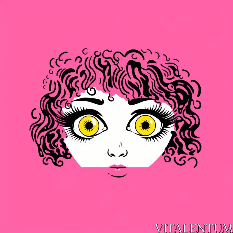 Surrealistic Pink Girl with Curly Hair and Intense Gaze AI Image