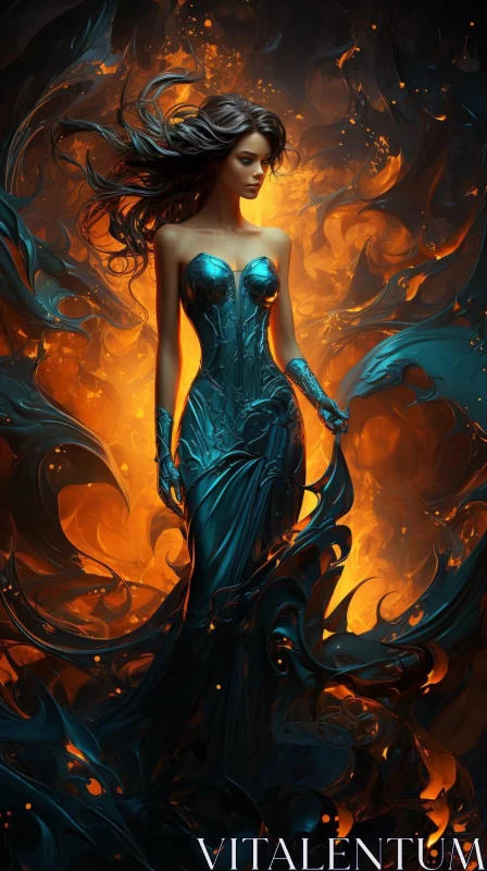 Fiery Elegance: Woman in Black Amidst Flames AI Image