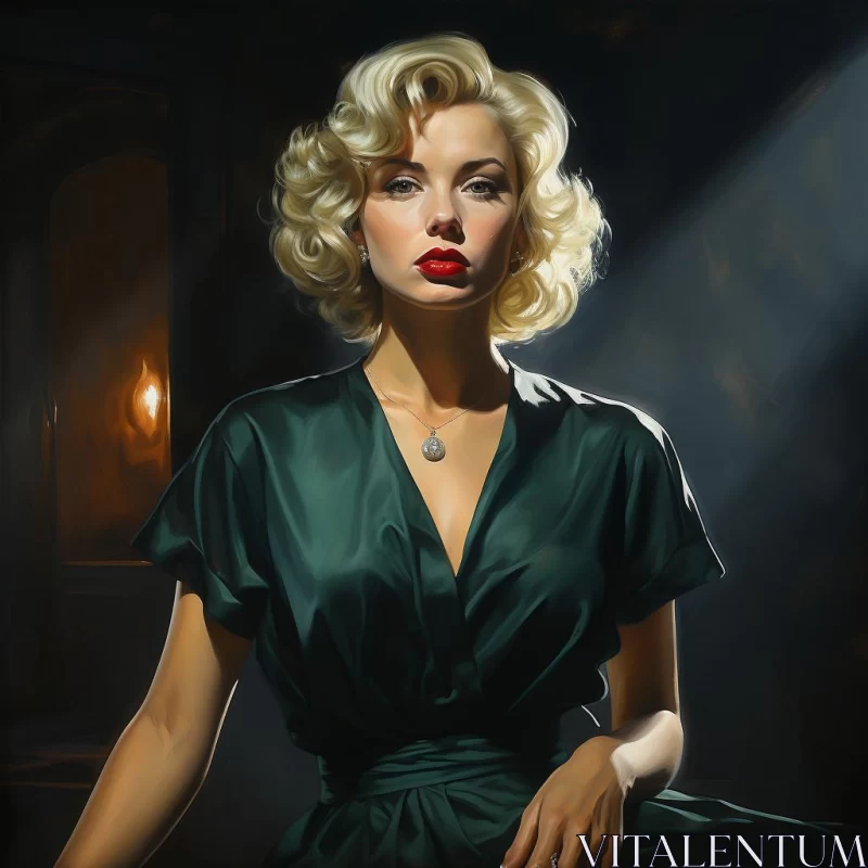 Film Noir Style Painting of Woman in Green Dress AI Image