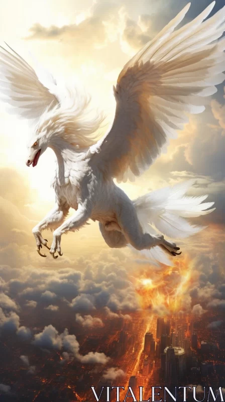 Majestic White Phoenix Soaring Over a Fiery City AI Image
