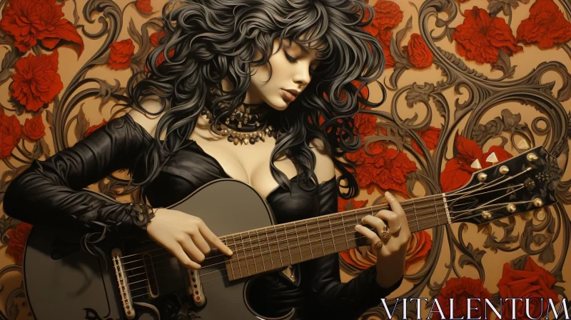 AI ART Romantic Woman Playing Guitar with Red Roses in Fantasy Art Style