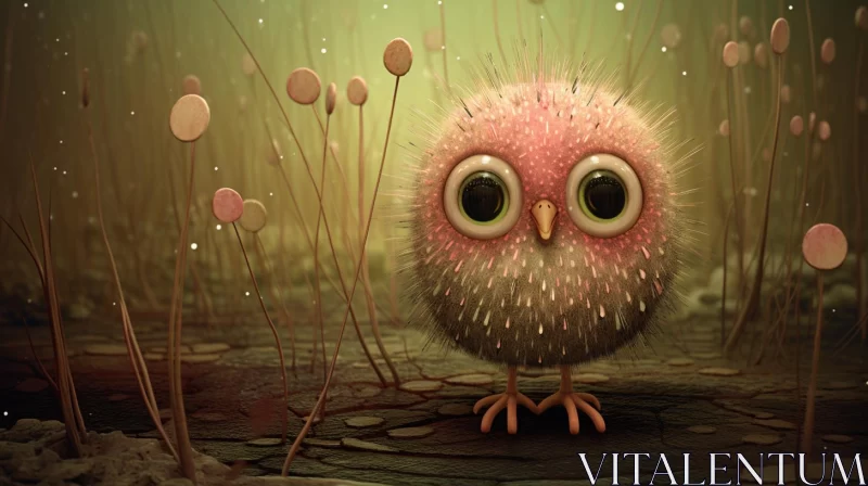 Charming Pink Owl on Dry Grass - A Cinema4D Rendering AI Image