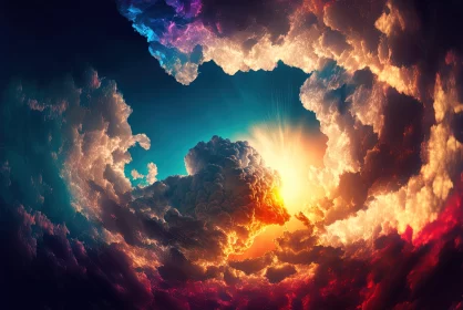 Colorful Sun Emerging from Clouds - Photorealistic Fantasy Art