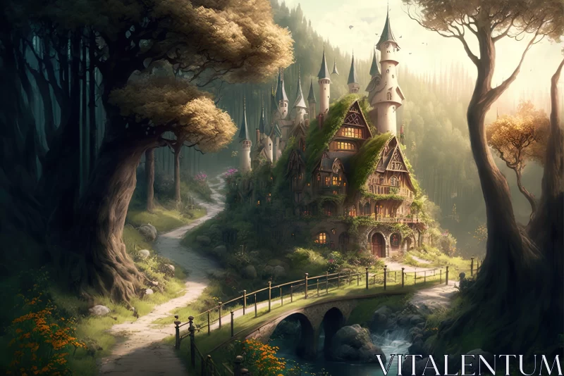 Fantasy Castle in Forest with Whimsical Character Sketches AI Image