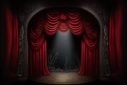 Intricate Gothic Theatre Scene with Crimson Curtains