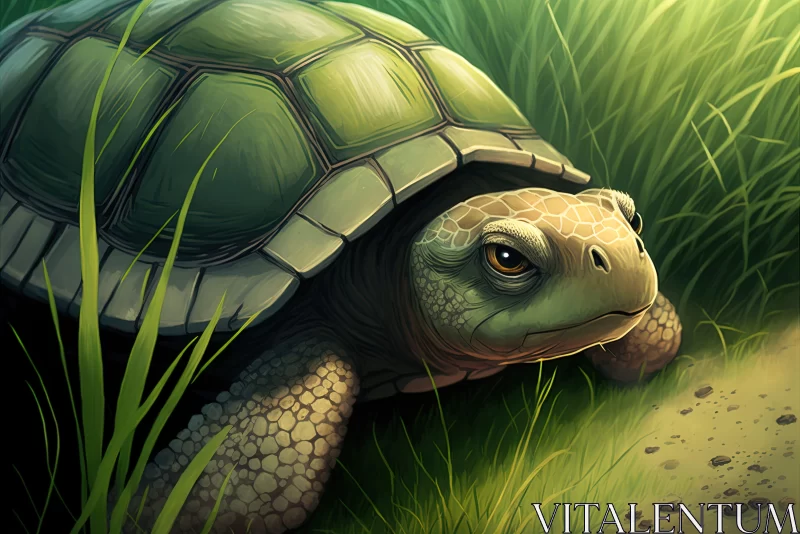 Realistic Digital Painting of a Turtle in Grass AI Image