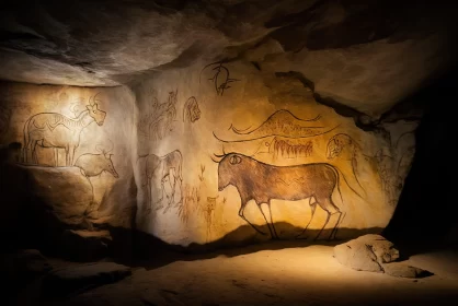 Historic Animal Drawings in a Light-filled Cave AI Image
