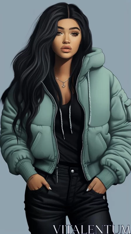 Illustrated Woman in Emerald Jacket - Urban Style Art AI Image