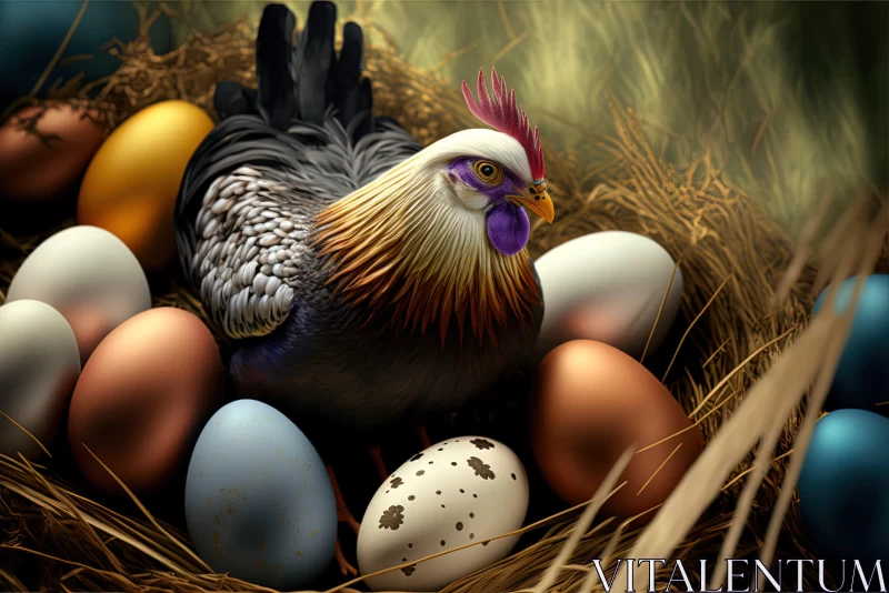 Realistic Fantasy Artwork: Rooster Among Colored Eggs AI Image