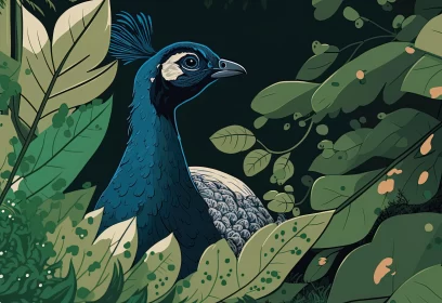 Captivating Peacock Illustration Amidst Forest Greens