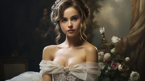 Elegant Woman in White Dress Amidst Enchanting Rococo Realms AI Image