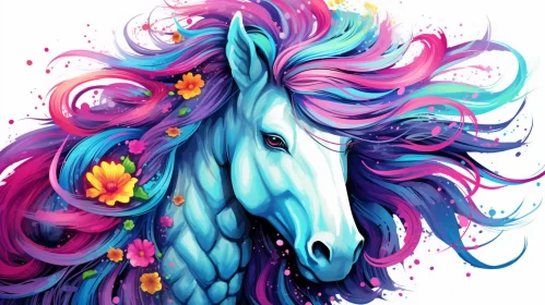 Enchanting Blue Horse with Colorful Hair - A Digital Airbrushed Artwork AI Image