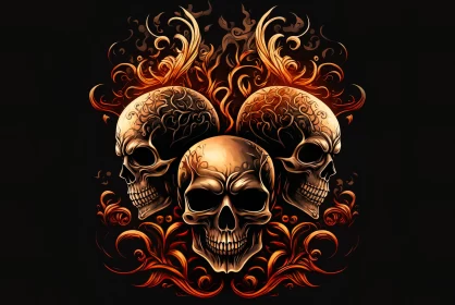 Fiery Skulls on Black Background: A Fantasy Realism Art