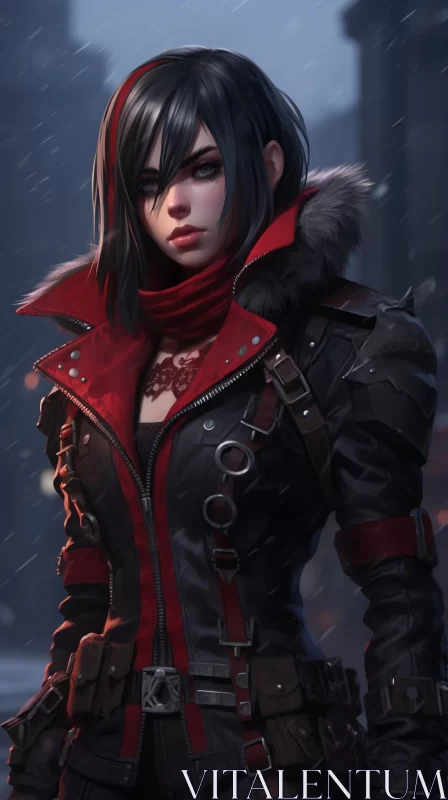 Gothic Female Character in Red Jacket Amidst Snowy Landscape AI Image