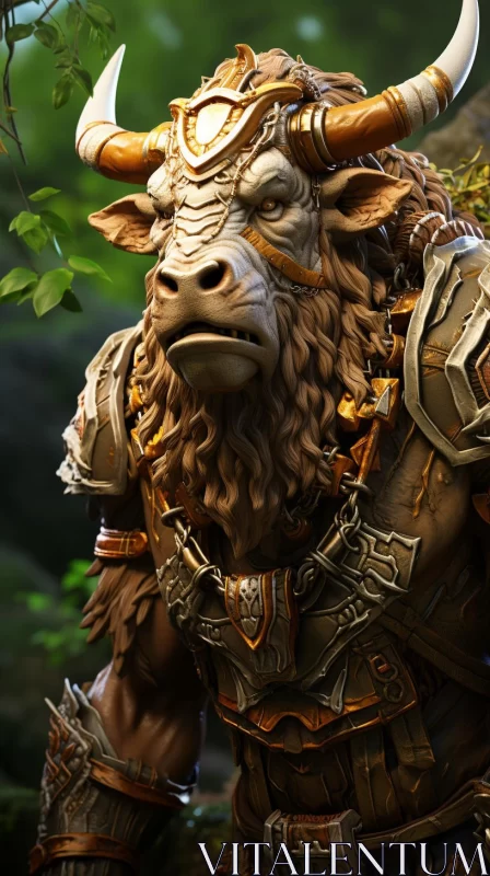 Intense Close-Up of a Heroic Minotaur Amidst Woods in the Style of Kushan Empire AI Image