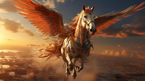 Angelic Horse Flying Over City - Fantasy Concept AI Image