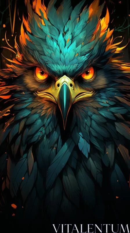 Blue Eagle with Fiery Eyes: A Striking Art Piece AI Image