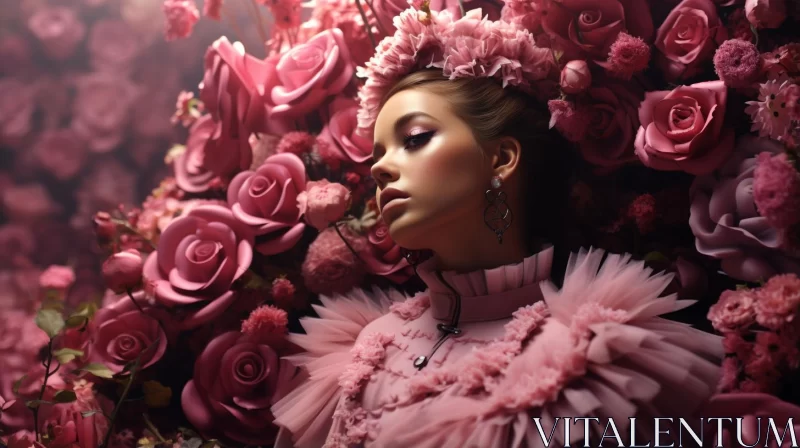 Chiaroscuro Portraiture of Beauty Amidst Pink Roses AI Image