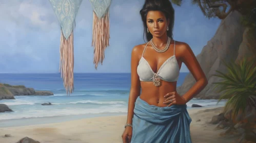 Exotic Realism: Multicultural Woman on the Beach Painting AI Image