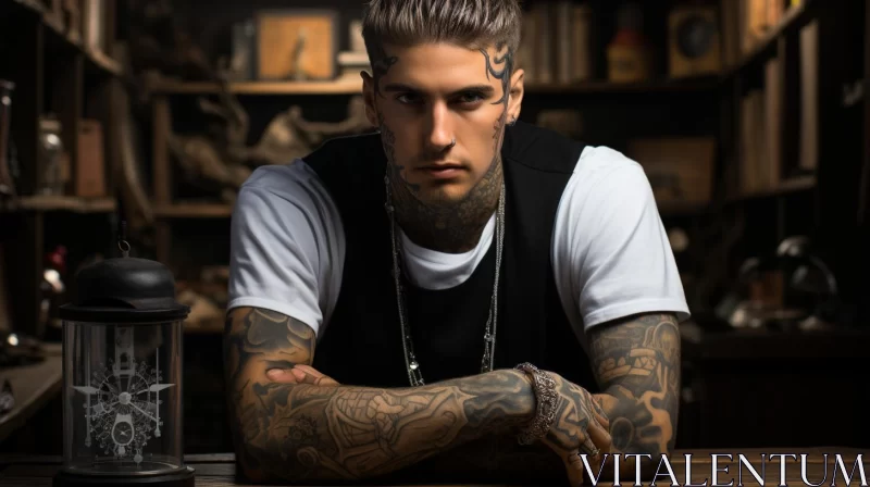 Intricate Tattoos on a Man under Soft Lighting: Elite Pictorial Charm AI Image