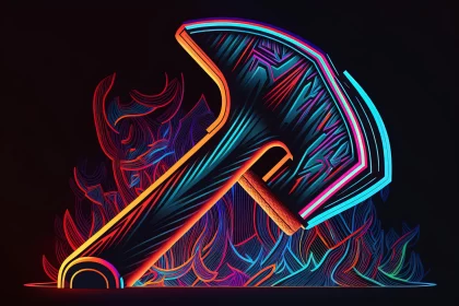 Neon Ax with Fiery Background: A Surreal Neon Art