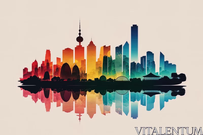 Retro Pop Art Cityscape of Shanghai: Symmetry and Reflections AI Image