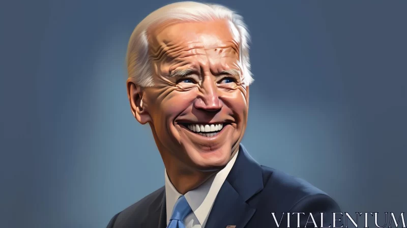 Satirical Caricature -Smiling Joe Biden with Blue Background AI Image