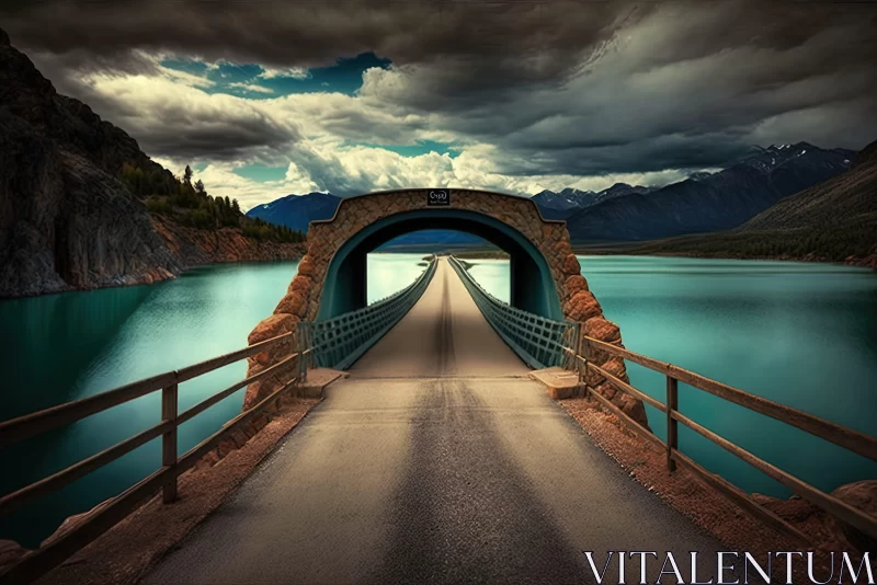 Surreal Bridge to Lake Under Stormy Sky AI Image