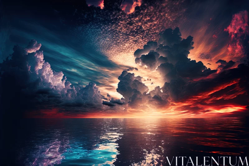 Surrealistic Ocean Landscape Under a Captivating Sunset AI Image