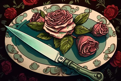 Vintage Gothic Realism: A Knife with Roses on a Plate AI Image