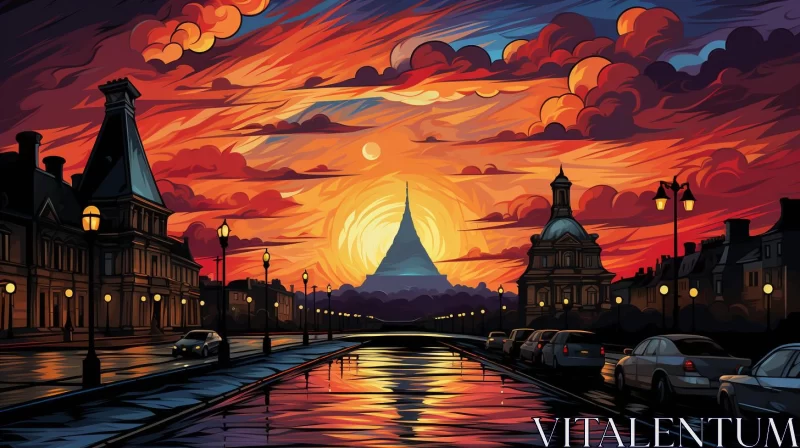Cityscape at Sunset in Art Nouveau and Buddhist Style AI Image