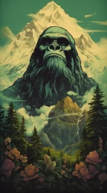 Majestic Gorilla Amidst Mountain Flowers: An Atmospheric Illustration
