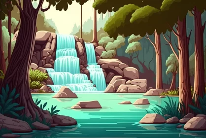 Tranquil Waterfall in Forest - Cartoon Inspired Illustration