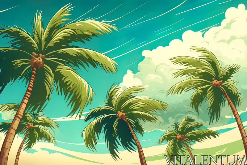Vintage Cartoon Landscape with Palm Trees and Beach AI Image