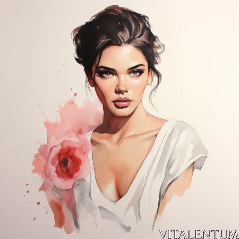 AI ART Watercolor Painting of Woman with Flower - Fantastic Realism Portrait