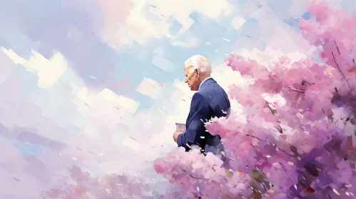 Digital Painting of Elderly Man with Cherry Blossoms AI Image