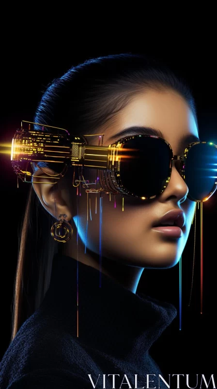 AI ART Futuristic Woman with Technological Sunglasses in Golden Hues