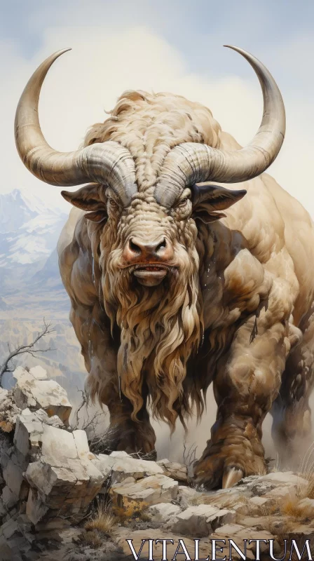 Majestic Wild Ox in Fantastical Landscape - A Swiss Style Artistic Representation AI Image