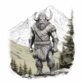 Monochromatic Viking Illustration Against Mountainous Backdrop AI Image
