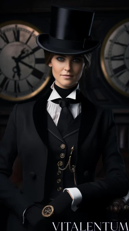 Victorian Style Woman Posing Near Clocks AI Image