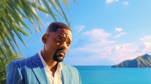 Will Smith in Tropical Setting: A Blend of City Portraits and Seaside Vistas AI Image