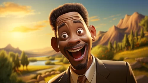 Laughing Will Smith in Cartoon Style Amidst Realistic Landscapes
