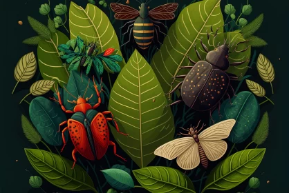 Mysterious Jungle: A Bold Illustration of Beetles and Leaves AI Image