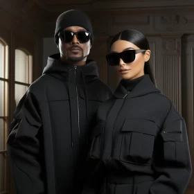 Stylish Hip-Hop Inspired Couple in Black Suits AI Image
